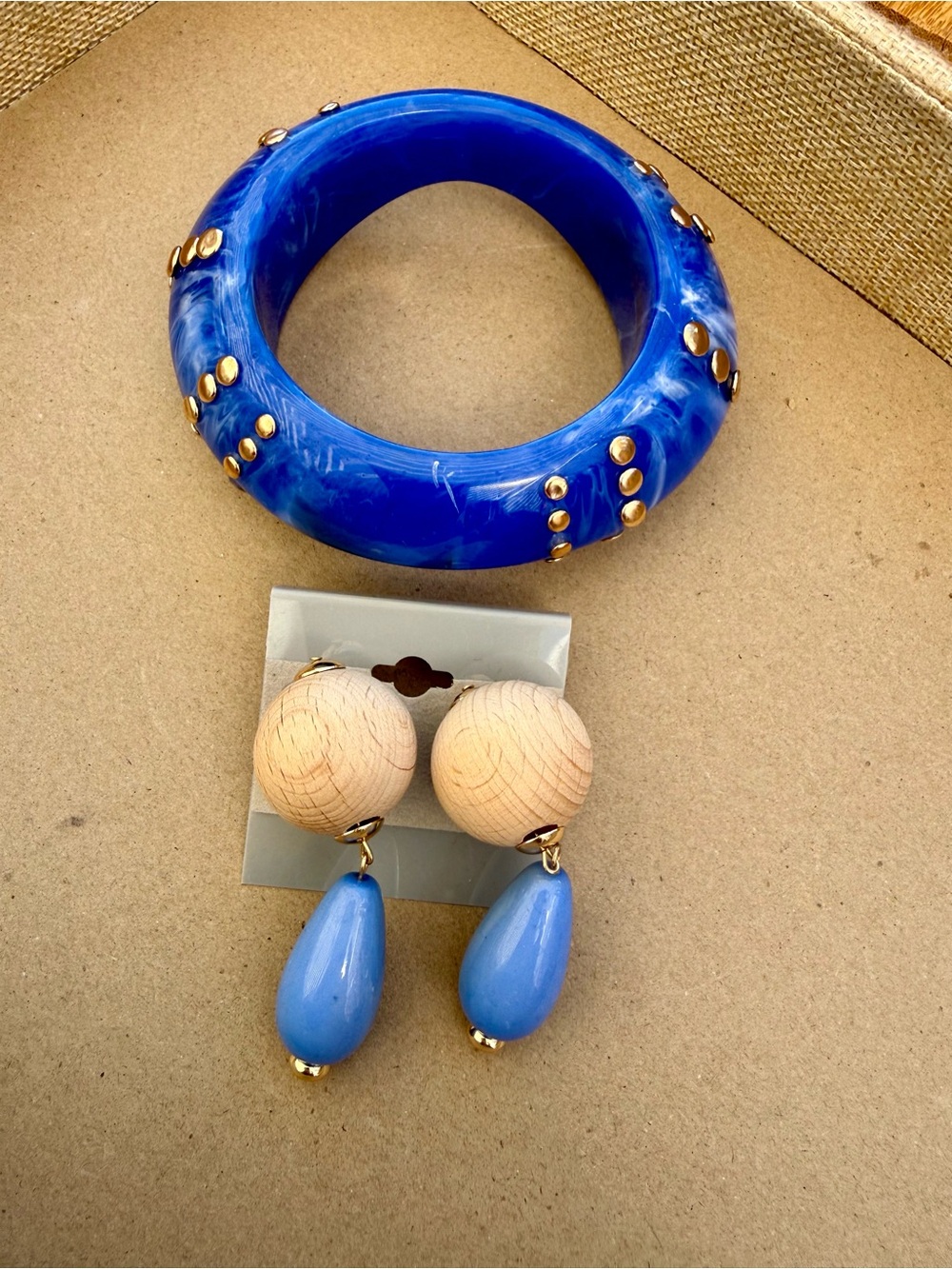 Blue Resin Studded Bangle and Blue Drop Earrings Set
